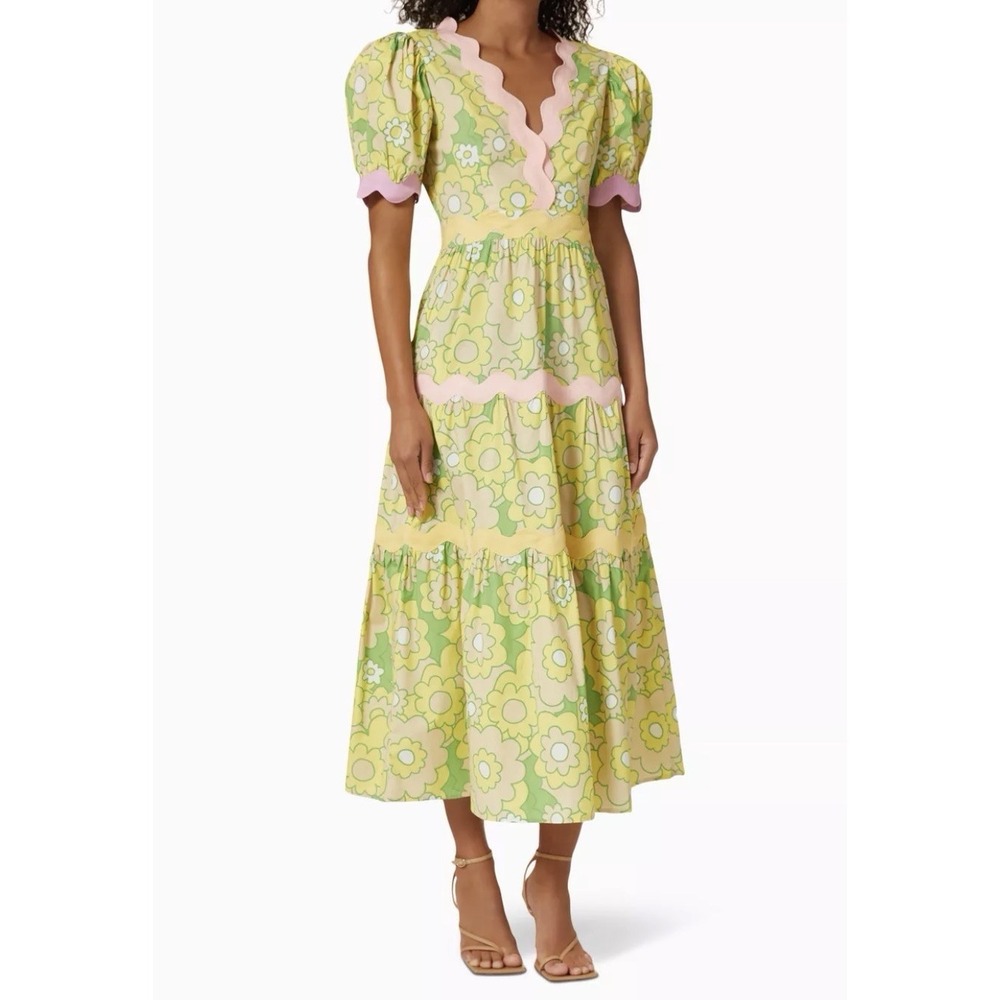 CELIA B Jadeite Midi Dress XS Yellow Floral Pink Ric Rac Puff Sleeve Whimsical